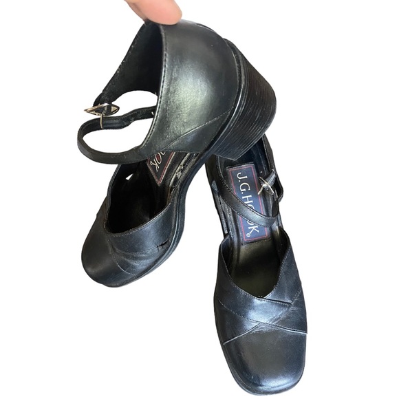 J G Hook Black leather Haley 6.5 block heels 
Adjustable buckles ankle straps - Picture 1 of 8
